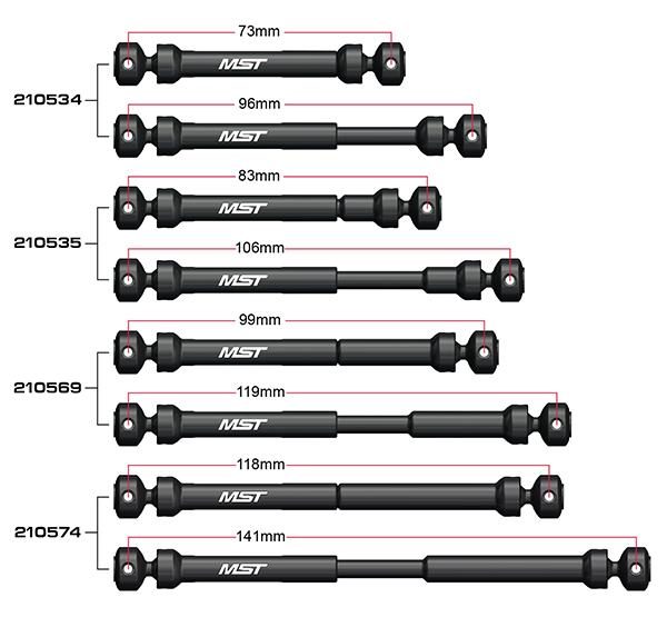 MST / 210534 / CMX Steel Drive Shaft Set 73mm ~ 96mm - Drifted